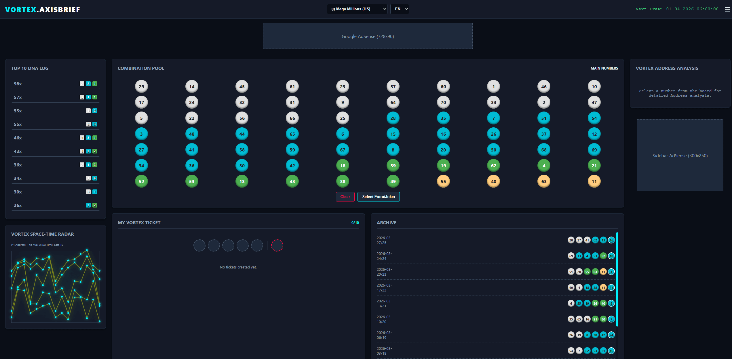 Vortex Axis Brief lottery analysis terminal main interface and overview of global lottery options