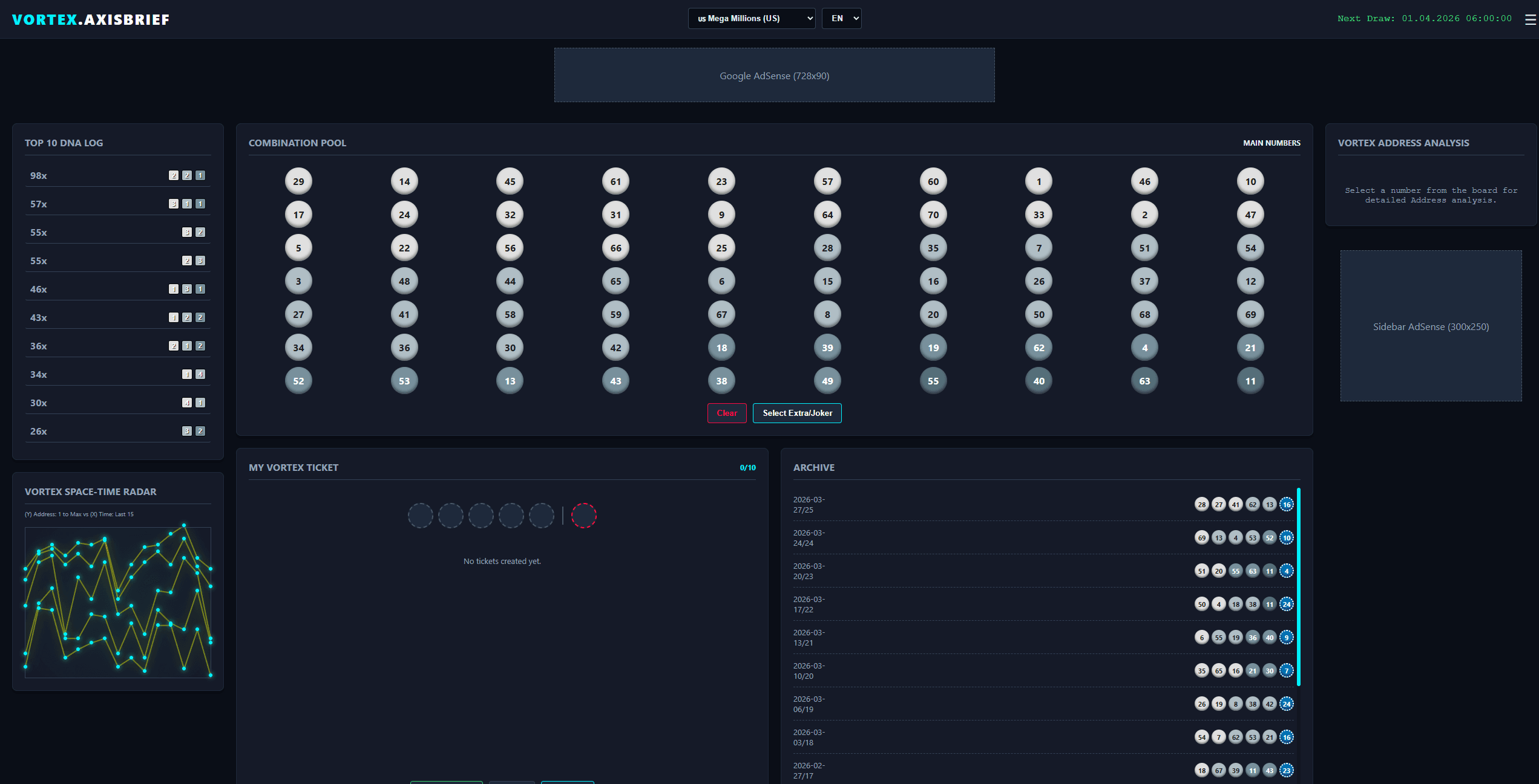 Vortex Axis Brief lottery analysis terminal main interface and global lottery options overview for color blindness.