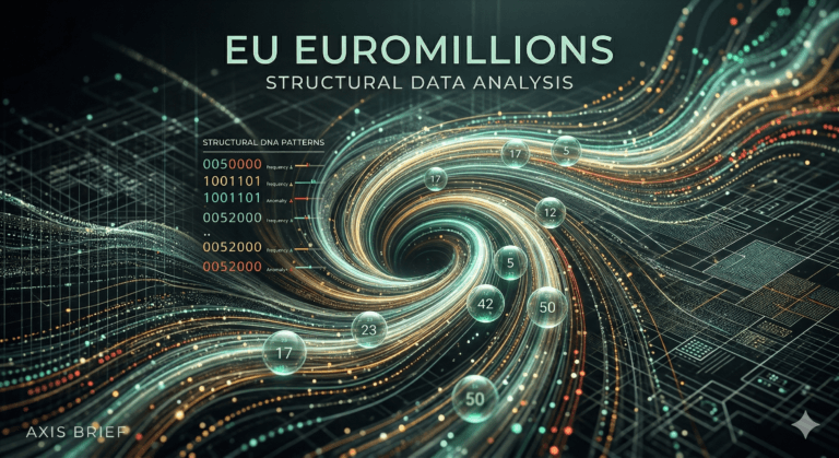 Futuristic data visualization of EU EuroMillions structural analysis featuring a glowing Vortex Engine with DNA pattern sequences and numerical data spheres on a dark technical background.