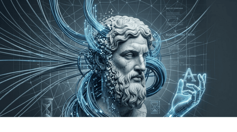 Conceptual art depicting the surrender of human intellect to artificial intelligence and digital saviors, with fiber optic cables emerging from a classical philosopher's marble head.