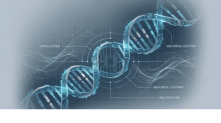 Full-width conceptual image of a dynamic DNA double helix formed by data streams, geometric codes, and Master IDs, illustrating the 'Anatomical Footprint' and 'DNA Structure' of the Vortex System.