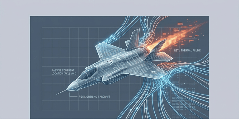 Conceptual art of an F-35 Lightning II jet with siber-technical lines and digital grid, illustrating passive detection, thermodynamics vs. stealth, and laws of physics.