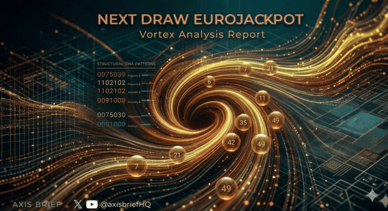 Tiefenanalyse: Die DNA und der Vortex von Eurojackpot A futuristic structural data analysis report for EuroJackpot titled 'Next Draw EuroJackpot Vortex Analysis Report'. The image features a dynamic golden and amber glowing energy vortex on a dark background, surrounded by floating translucent lottery balls with numbers. The design includes 'Axis Brief' branding and social media icons for X and YouTube at the bottom.