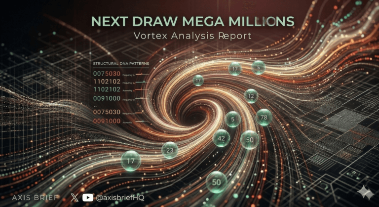 Vortex DNA analysis report for US Mega Millions lottery including X-Y drift charts and lag index statistical data.
